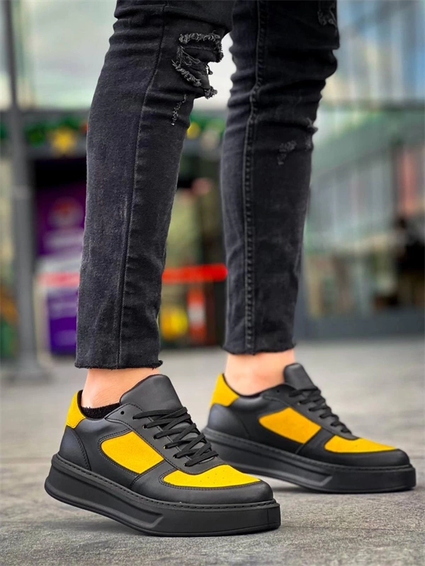 KB-X8 Kuback Siyah Sarı Cilt Yüksek Taban Günlük Spor Ayakkabı
