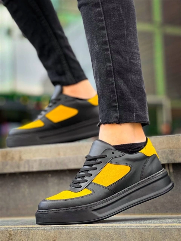 KB-X8 Kuback Siyah Sarı Cilt Yüksek Taban Günlük Spor Ayakkabı