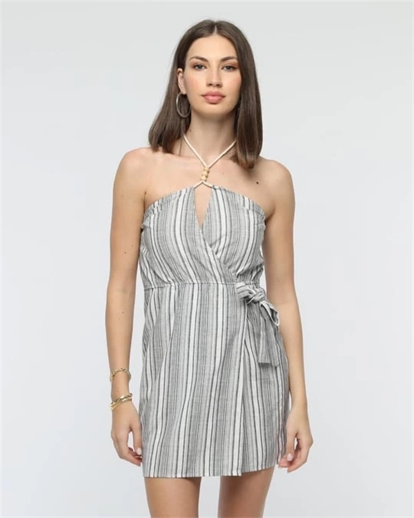 Kuşaklı çizgili mini keten elbise