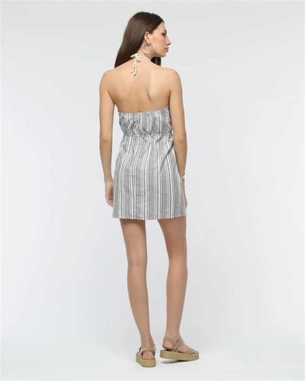 Kuşaklı çizgili mini keten elbise