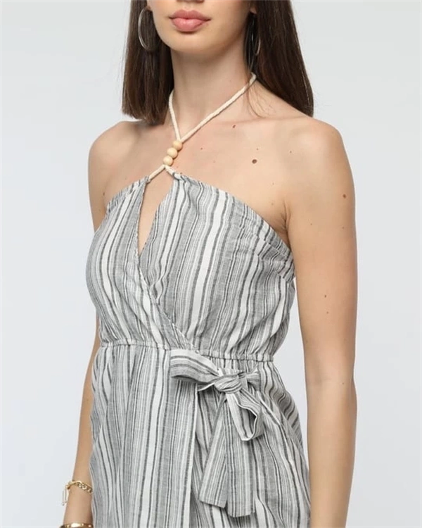 Kuşaklı çizgili mini keten elbise