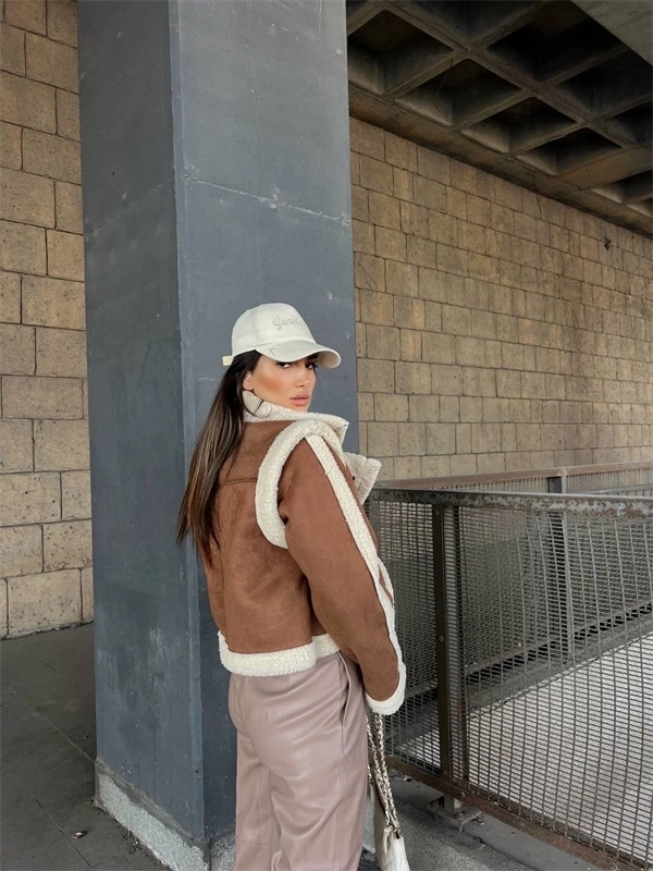 Kuzu Yumoş Kaplama Tak Çıkar Kol Crop Nubuk Kaban