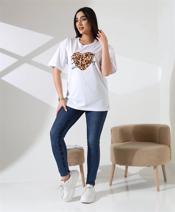 Leopar kalp Baskılı Kadın T-Shirt
