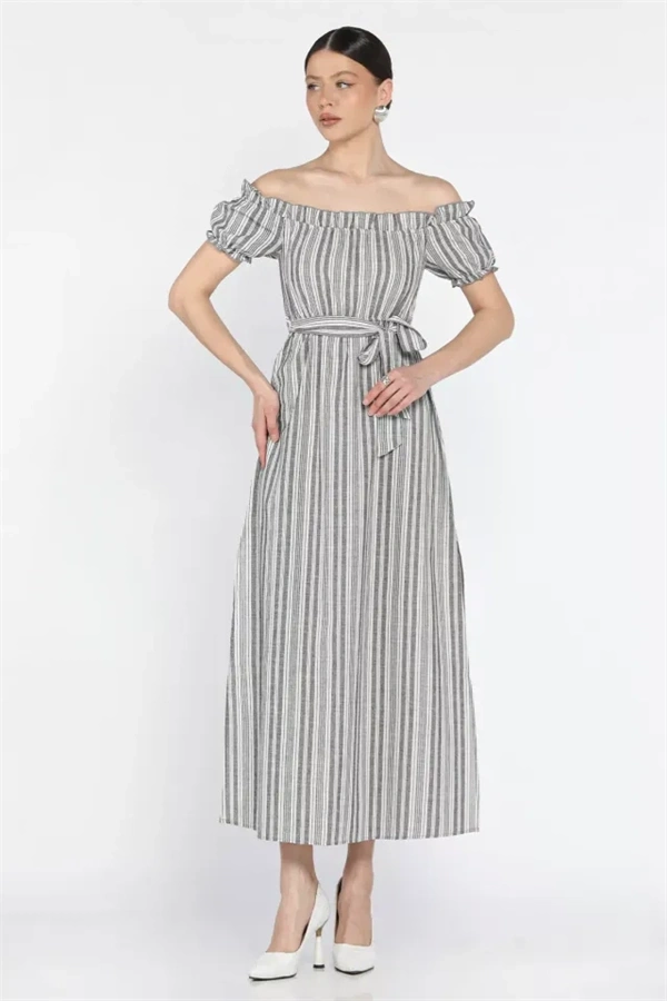 Madonna yaka midi yırtmaçlı kuşaklı keten elbise