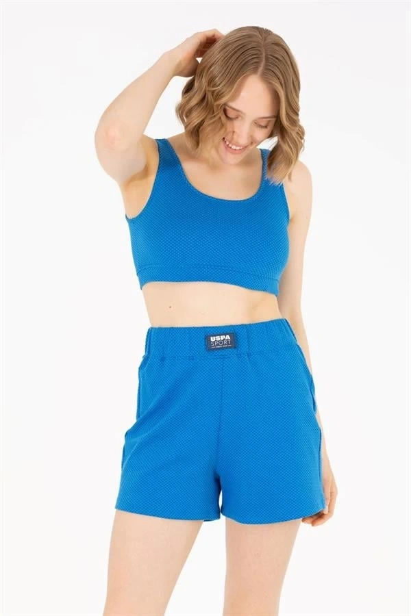 Muked Kendinden Desenli Kadın Spor Şort Mavi