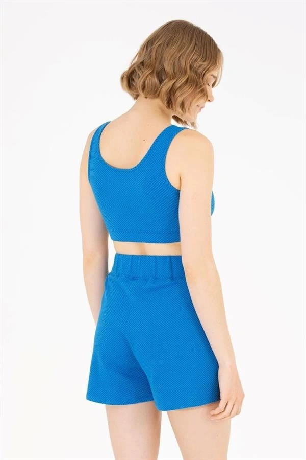 Muked Kendinden Desenli Kadın Spor Şort Mavi