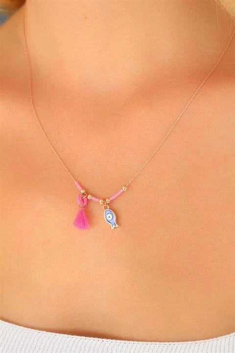Nazar Boncuklu Pembe Renk Taşlı Rose Bayan Kolye