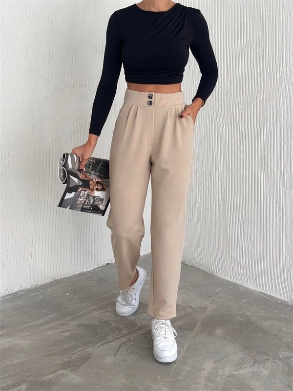 Örme Krep Pantolon Çift Düğmeli