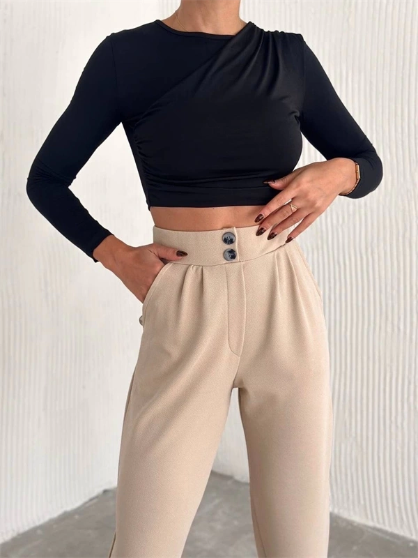 Örme Krep Pantolon Çift Düğmeli