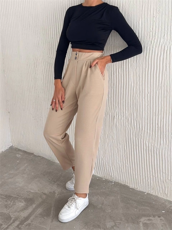 Örme Krep Pantolon Çift Düğmeli