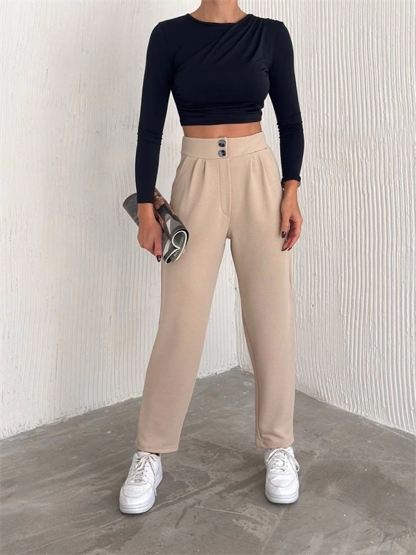 Örme Krep Pantolon Çift Düğmeli