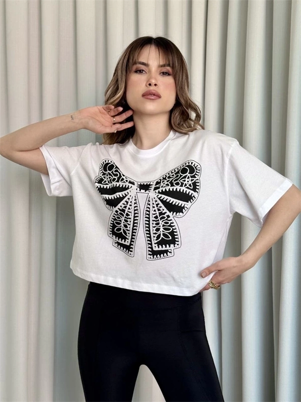 Oversize Beyaz Baskılı Crop Kadın T-Shirt