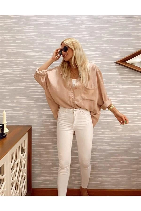 Oversıze Cepli Salaş Gömlek Beyaz