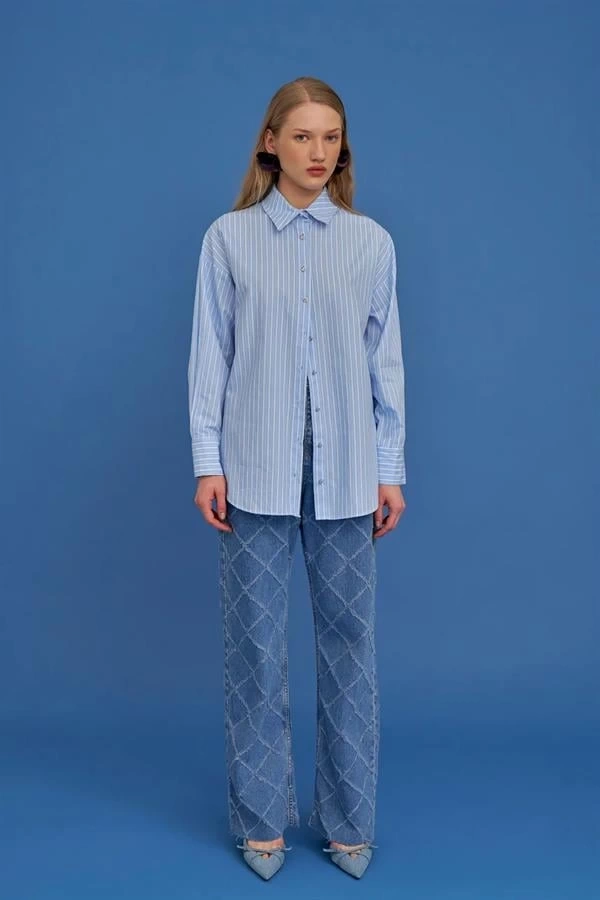 Oversıze Çizgili Kadın Gömlek