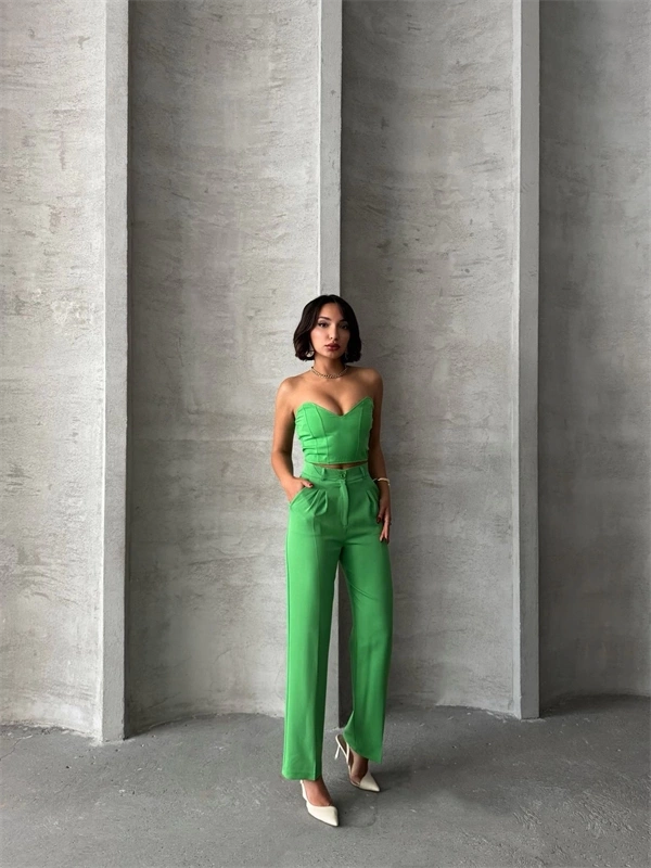 Palazzo pantolonlu alt üst takım yeşil