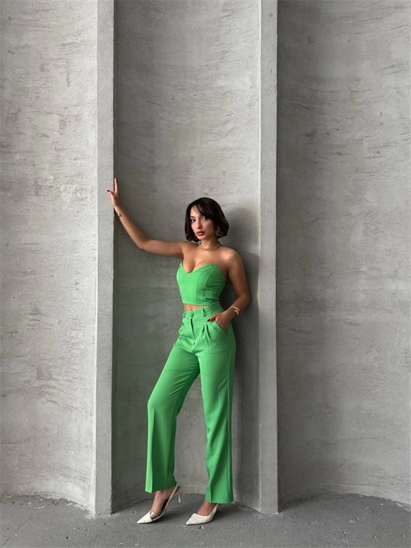 Palazzo pantolonlu alt üst takım yeşil