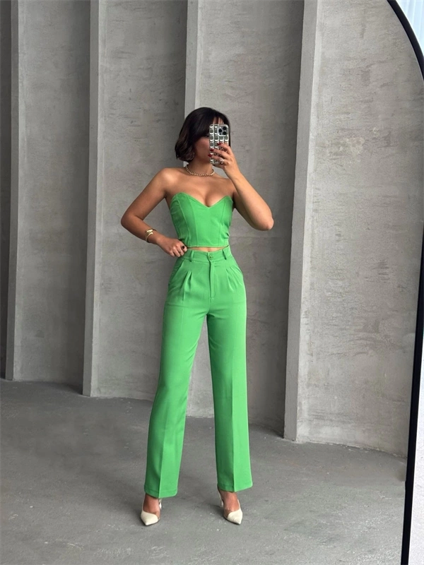 Palazzo pantolonlu alt üst takım yeşil