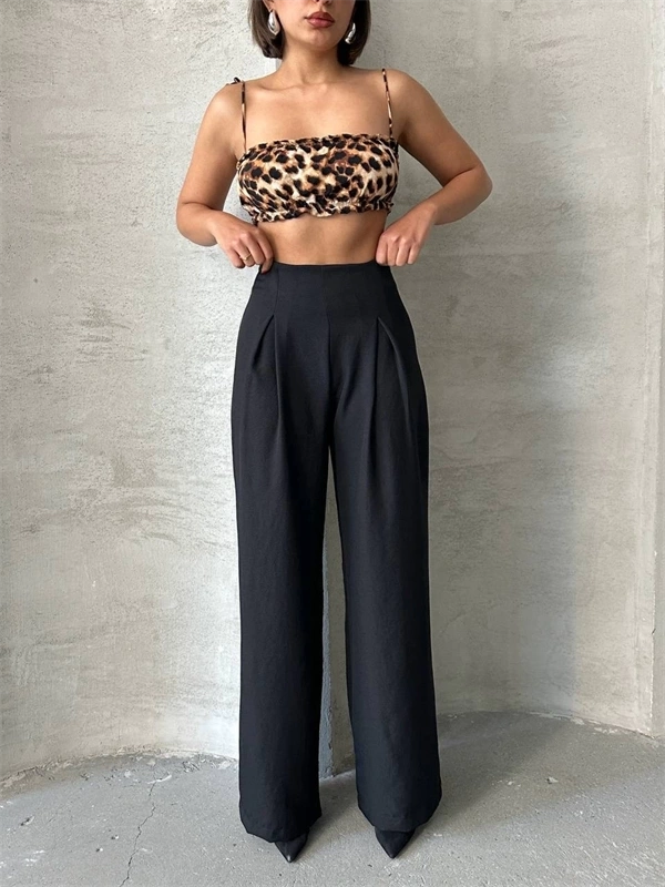 Pileli keten pantolon s255046