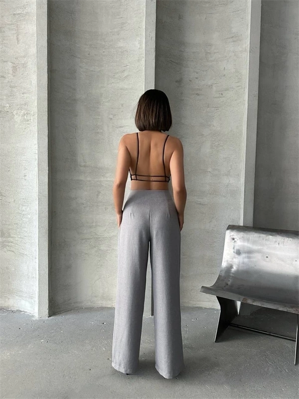 Pileli keten pantolon s255046