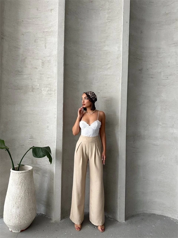 Pileli keten pantolon s255046