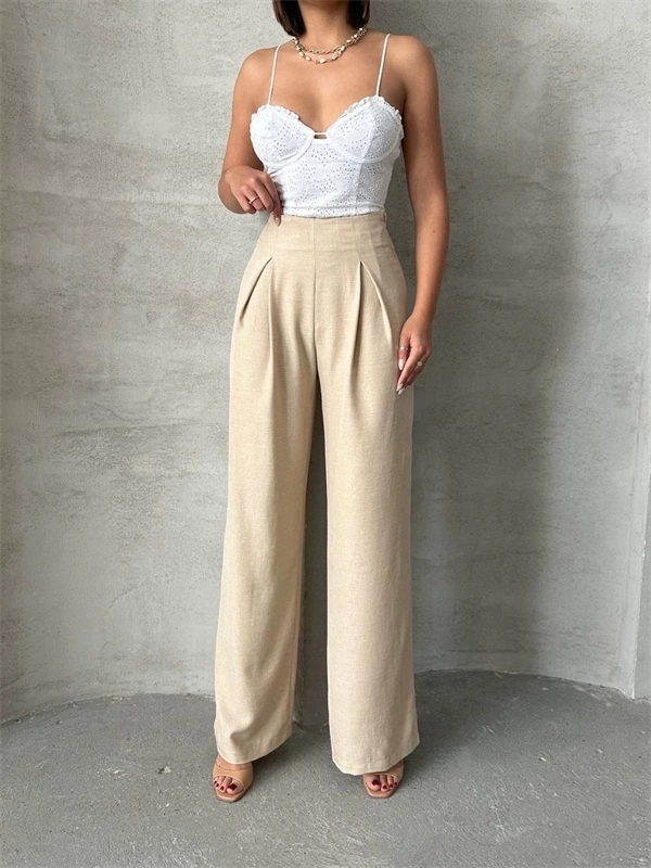 Pileli keten pantolon s255046