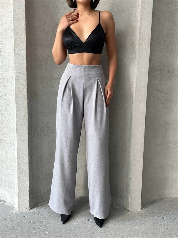 Pileli keten pantolon s255046