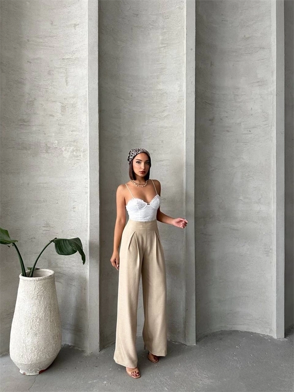 Pileli keten pantolon s255046