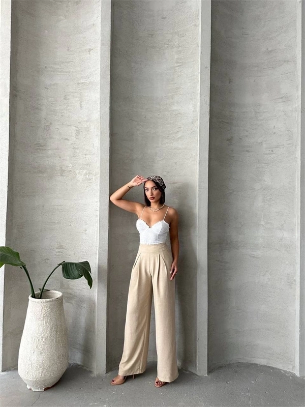 Pileli keten pantolon s255046