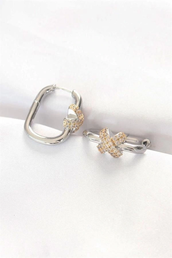 Pirinç Çift Renk Taşlı X Tasarımlı Dikdörtgen Küpe