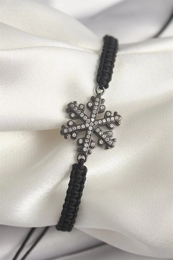 Pirinç Füme Renk Zirkon Taşlı Kar Tanesi Figür Makrome Asansörlü Model Kadın Bileklik