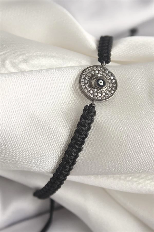 Pirinç Füme Renk Zirkon Taşlı Nazar Boncuk İşleme Makrome Asansörlü Model Kadın Bileklik