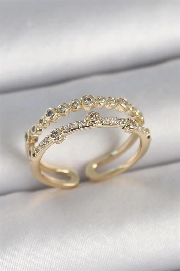 Pirinç Gold Renk 2Li Sıralı Zirkon Taşlı Ayarlanabilir Model Kadın Yüzük