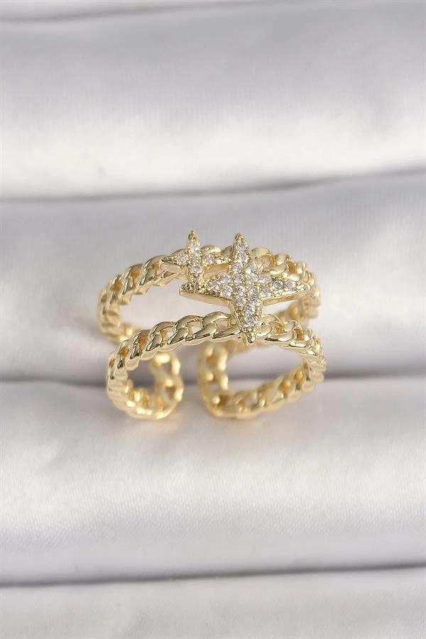 Pirinç Gold Renk 2Li Zincir Zirkon Taşlı Yıldız Figür Kadın Yüzük