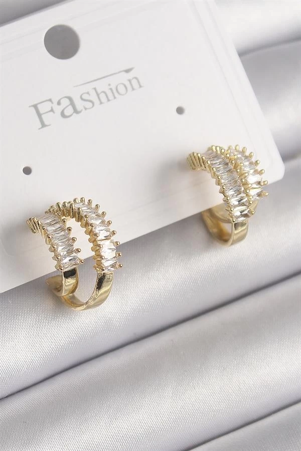 Pirinç Gold Renk 2Li Zirkon Taşlı Halka Model Kadın Küpe