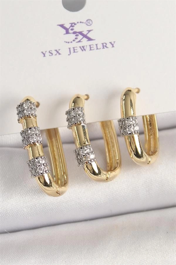 Pirinç Gold Renk 3Lü Halka Model Gümüş Zirkon Taş Detaylı Kadın Kombin Küpe