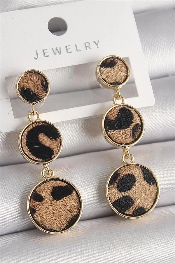 Pirinç Gold Renk 3Lü Leopar Desenli Sallantı Daire Plaka Model Kadın Küpe