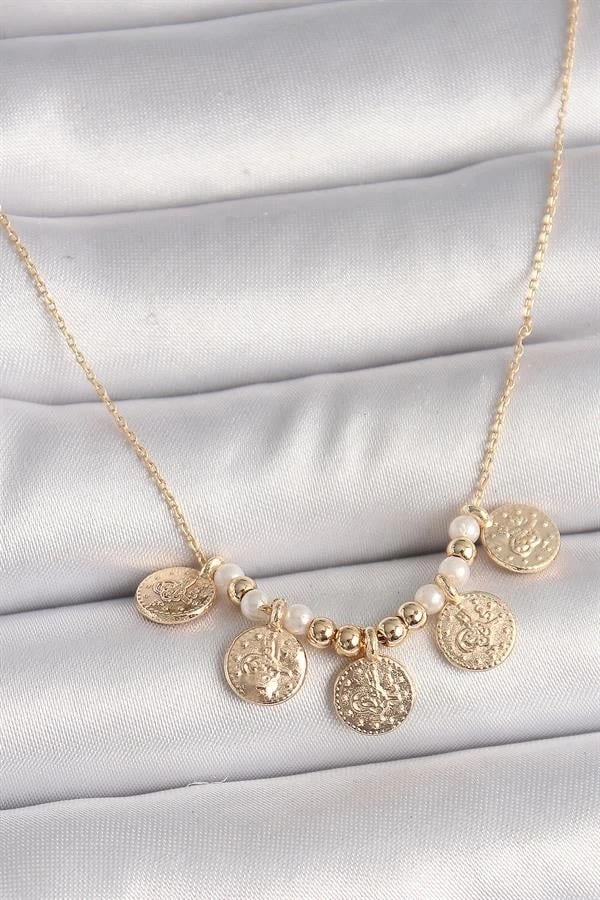Pirinç Gold Renk 5Li Osmanlı Tuğra Figür İnci Detay Kadın Kolye