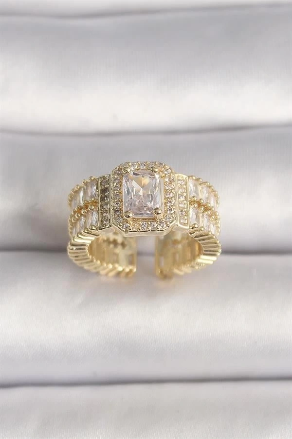 Pirinç Gold Renk Ayarlanabilir Baget Zirkon Taş Model Kadın Yüzük