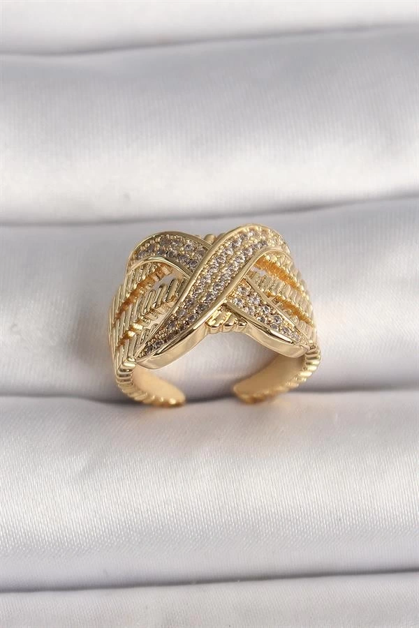 Pirinç Gold Renk Ayarlanabilir Zirkon Taşlı X Model Kadın Yüzük