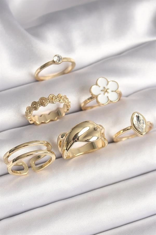 Pirinç Gold Renk Beyaz Çiçek Figür Zirkon Taşlı Kadın 6Lı Kadın Yüzük Seti