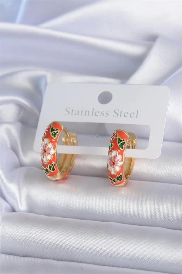 Pirinç Gold Renk Çiçek İşleme Turuncu Kadın Küpe