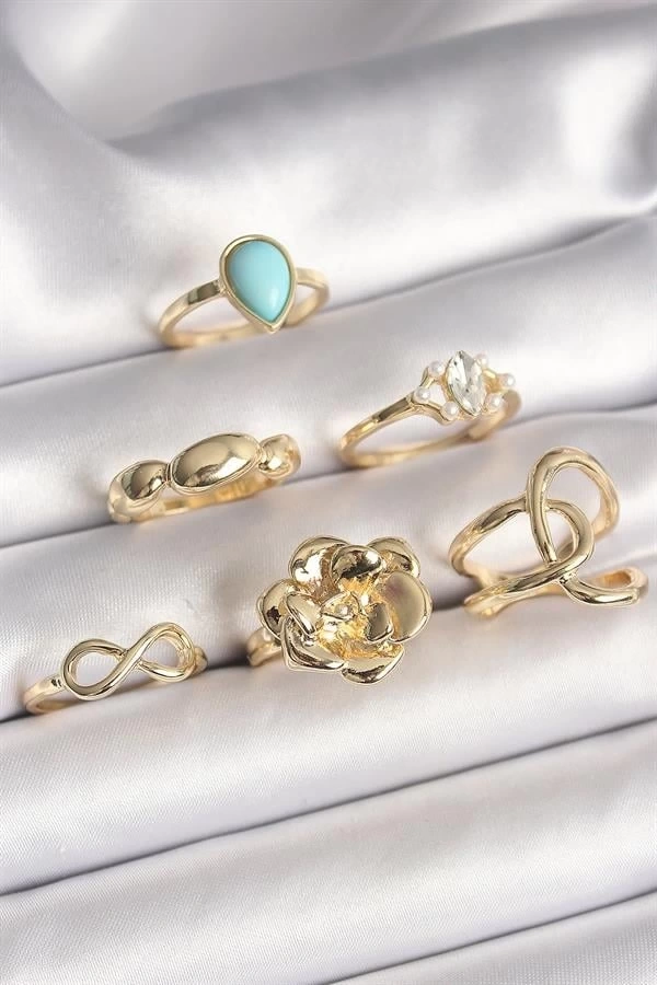 Pirinç Gold Renk Çiçek Model Model Sonsuzluk Zirkon Taş Detaylı 6Lı Kadın Yüzük Seti