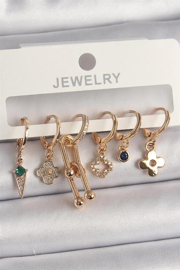 Pirinç Gold Renk Çoklu Figür Kadın Küpe Seti