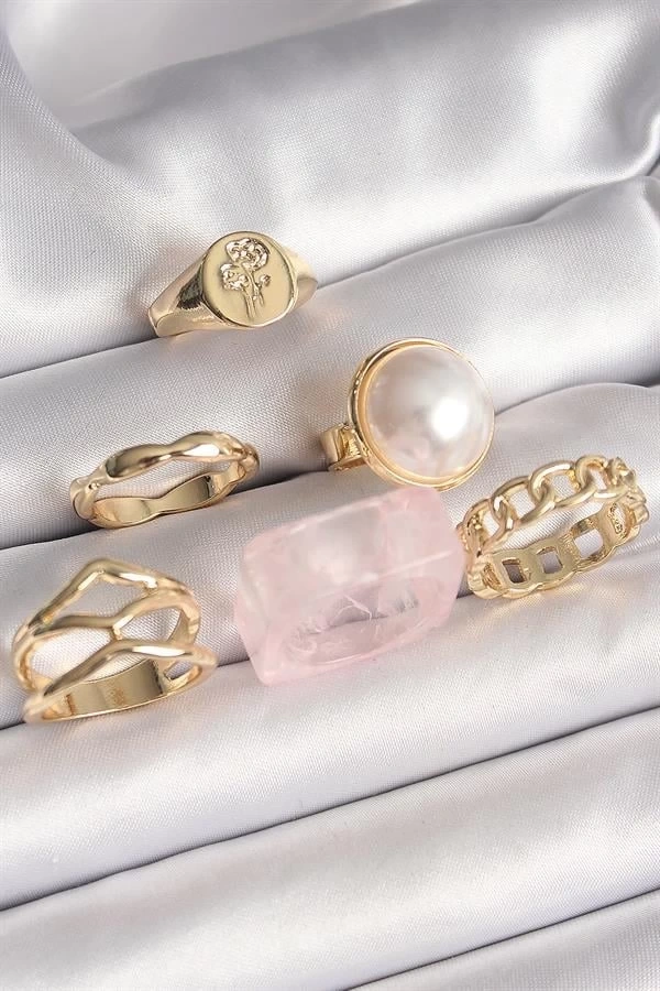 Pirinç Gold Renk Daire 3D İncili Figür Zincir Model Gül İşleme Detaylı 6Lı Kadın Yüzük Seti