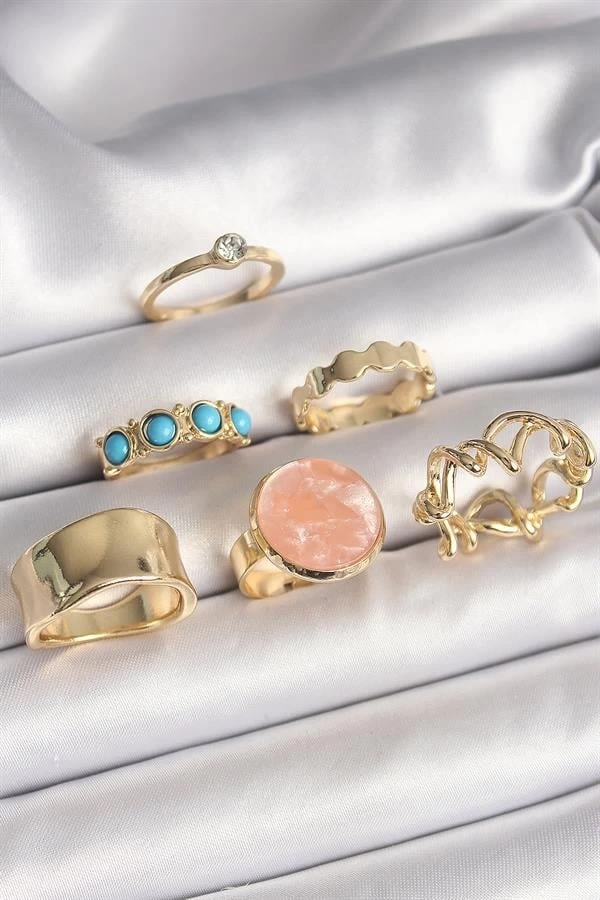 Pirinç Gold Renk Daire Pembe Mineli Zirkon Taş Detaylı 6Lı Kadın Yüzük Seti