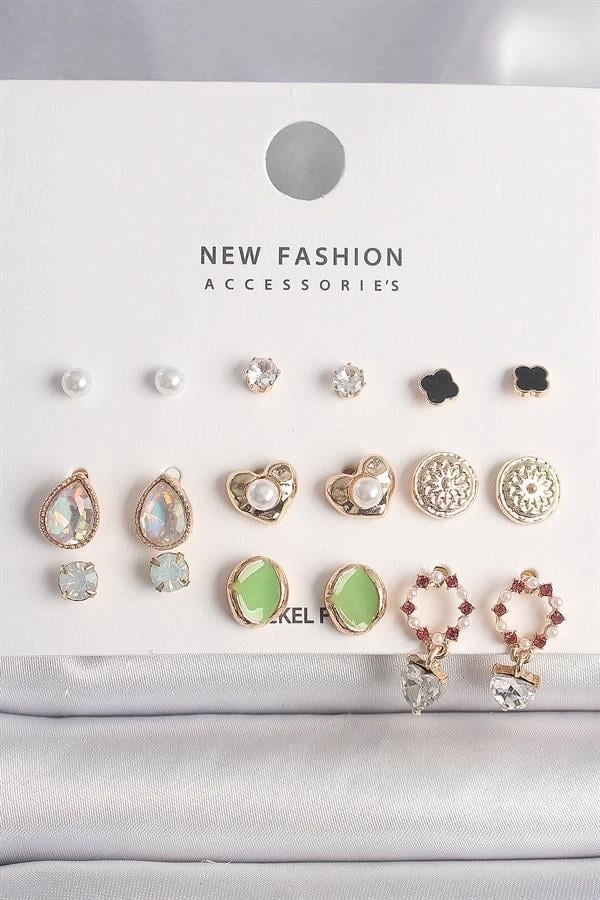 Pirinç Gold Renk Damla Zirkon Taşlı İncili Kalp Detay 9 Çift Kadın Küpe Seti