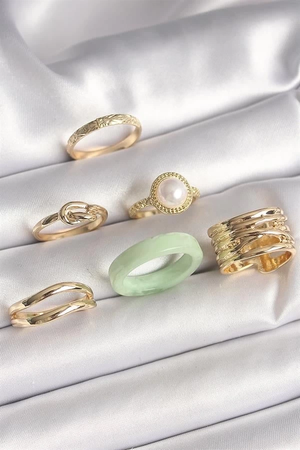 Pirinç Gold Renk Düğüm Model İncili İşlemeli Plaka Model 6Lı Kadın Yüzük Seti