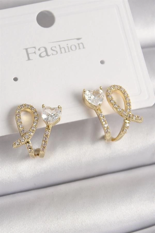 Pirinç Gold Renk Düğüm Model Zirkon Taşlı Kalp Detay Kadın Küpe