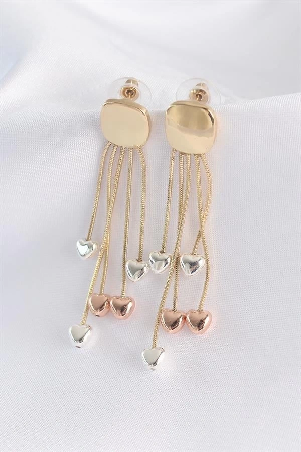 Pirinç Gold Renk Düz Plaka Renkli Kalp Detay Küpe