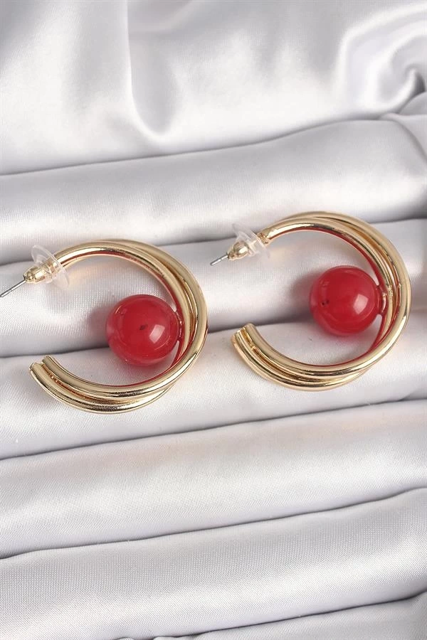 Pirinç Gold Renk Halka Model Kırmızı Boncuk Detay Kadın Küpe